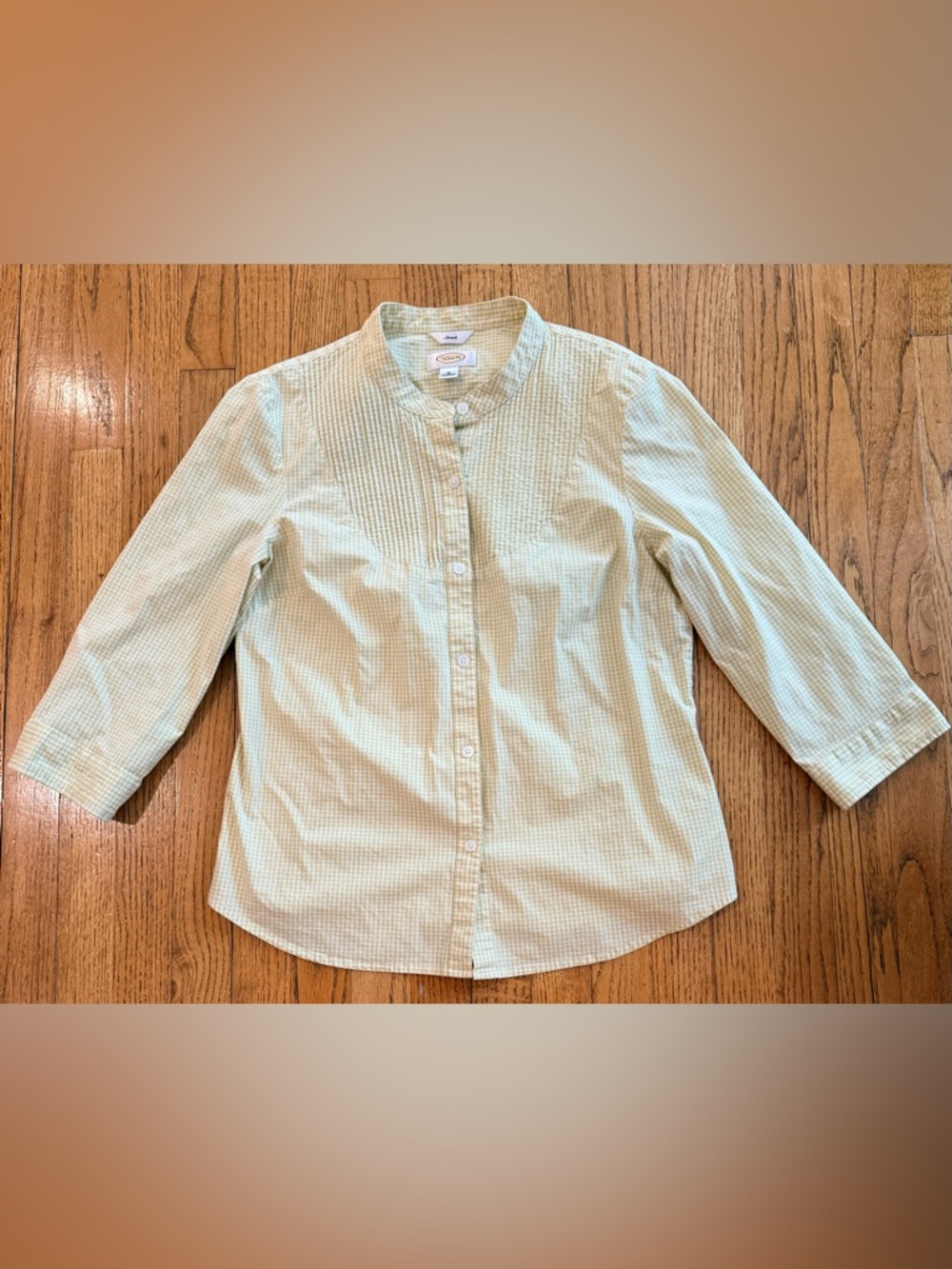 Talbots Yellow Gingham Button Front Blouse Medium 3/4 Sleeve Pintuck Cottagecore